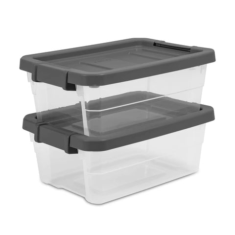 Six Pack 16 Quart Stackable Storage Bins With Snap Tight Lids And Non Slip Base Mats Dark Gray Clear Plastic Heavy Duty Organizers.