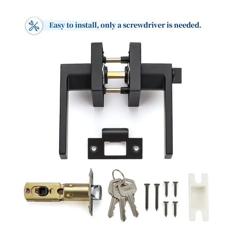 Heavy Duty Privacy Door Lever Set In Matte Black Finish, Square Door Handles, Installation Tools, Emergency Key Pin