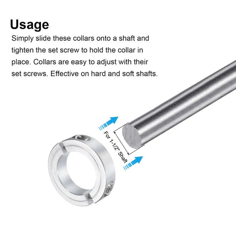 Beefy Double Split Clamp-On Shaft Collar For 1-1/2 Inch Shaft next to metal shaft, demonstrating usage application.