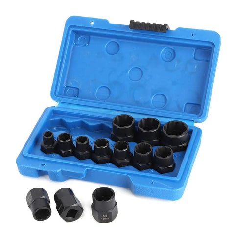 Bolt And Nut Removal Extractor Socket Tool Kit With Beast Grip For Tough Bolts, 3/8 Inch Square Drive, in a blue case