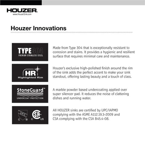 Information on Houzer sink innovations including Type 304 stainless steel, highlighted rim, and StoneGuard undercoat features.