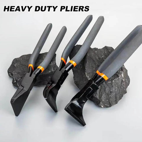 Three Piece Sheet Metal Bending Pliers Set With Straight 45 Degree And 90 Degree Seamers on rock surface