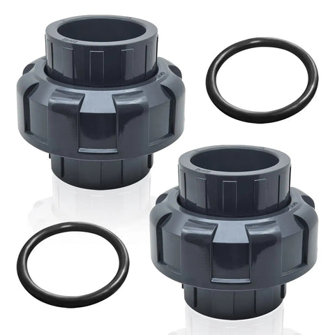 Two Pack One And One Half Inch Slip Union Coupling Adapters Schedule 80 With EPDM O Ring Socket To Socket Grey for plumbing repairs