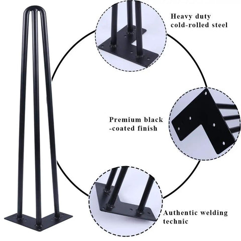 20 Inch Hairpin Table Leg Set With Half Inch Diameter Three Rods Black Mid Century Metal Furniture Feet For Coffee Tables And TV Stands Floor Protectors Durable 4 Pack DIY Ready Easy Install with detailed views of steel construction and welding.