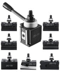 Front view of an 8-piece quick-change lathe tool post set in steel with tool holders for mini/metal lathe