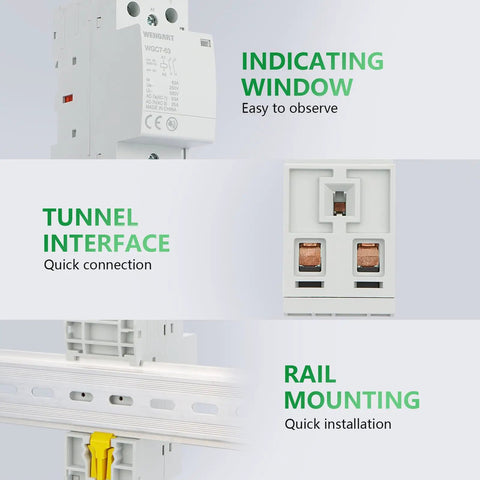 Heavy Duty 63A AC DC Contactor With Two Pole Two Normally Open Contacts And 24V Coil showcases indicating window, tunnel interface, and rail mounting.