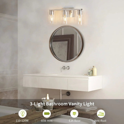 Three Light Sleek Brushed Nickel Bathroom Vanity Light With Clear Glass Shades Metal Wall Mount Fixture Over Mirror