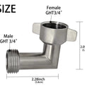 Side view of stainless steel 90-degree hose elbow with 3/4 in male and female GHT threads for RV hoses.