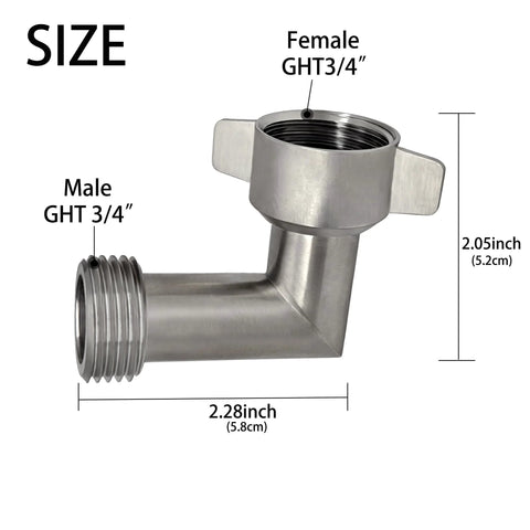 Side view of stainless steel 90-degree hose elbow with 3/4 in male and female GHT threads for RV hoses.