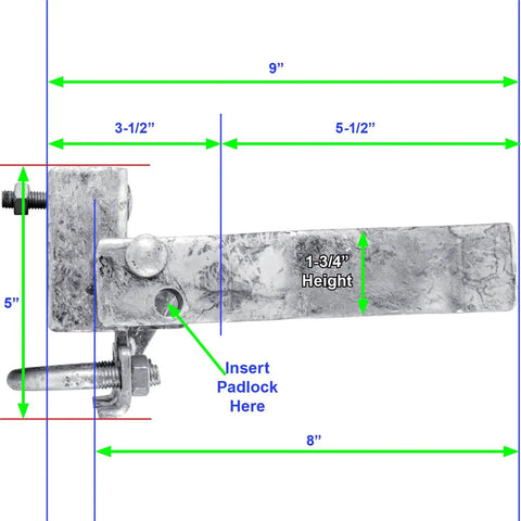Single Gate Latch With Strong Arm Sentry Style, Commercial Grade, Hot Dip Galvanized Steel, side view showing dimensions