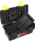 Open view of 10 Inch Plastic Toolbox With Dual Layer Organization And Secure Latch Portable Hardware Storage Case, black, with tray inside.