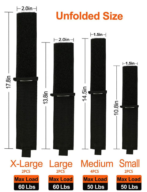 Heavy Duty Storage Straps 10 Pack Assorted For Extension Cord Organization And Cable Management Hose And Rope Keeper Tool Tie Downs RV Wall Mount Organizer For Garage Workshop Car Boat And Yard Storage, showing four size options with max load details.