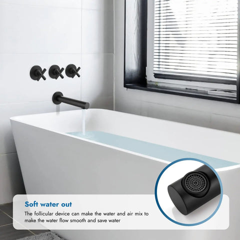 Three-Handle Tub And Shower Faucet Set With Wall Mount Tub Spout Five-Setting Six-Inch Round Shower Head Brass Mixer Valve Polished Chrome Finish Built Tough For Everyday Bathroom Use Easy Install Trim Kit shown installed over white bathtub with water flow.