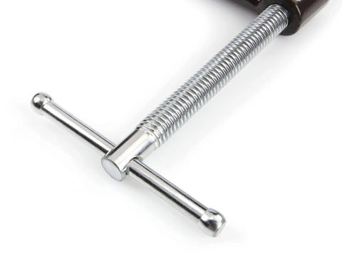 Close-up of smooth Acme thread and handle on Heavy Duty 6 Inch Malleable Iron C Clamp For Woodworking Metalworking And Automotive Projects