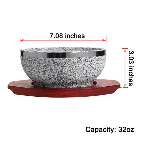 Dolsot Bibimbap Bowl 32 Oz Granite Stone Bowl With Wood Base showing dimensions 7.08in diameter and 3.03in height