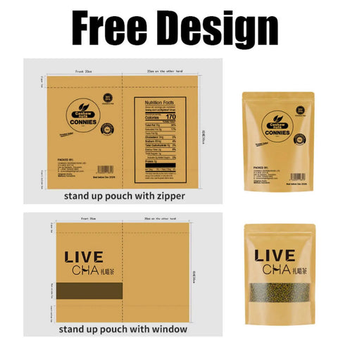 Diagram and photo of Custom Print Kraft Paper Bags With Window Stand Up Zipper Lock Pouch For Snacks, Tea, Coffee Reusable