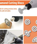 Versatile HSS Circular Saw Blade Set For Rotary Tools With Six Diameters 22 25 32 35 44 50 mm Includes One Eighth And One Quarter Inch Shank Mandrels Cuts Wood Metal Plastic Stone Glass Like A Pro For DIY Crafts showing diamond cutting discs for glass and stone.
