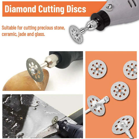 Versatile HSS Circular Saw Blade Set For Rotary Tools With Six Diameters 22 25 32 35 44 50 mm Includes One Eighth And One Quarter Inch Shank Mandrels Cuts Wood Metal Plastic Stone Glass Like A Pro For DIY Crafts showing diamond cutting discs for glass and stone.