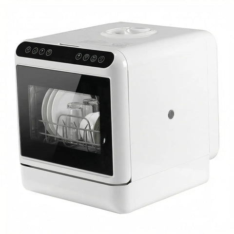 Portable Countertop Dishwasher High Temp Wash And Air Dry Dual Spray Arm Tight Apartment Fix For Renters No Drama Setup with dishes.