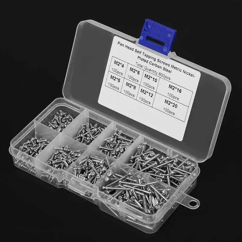 M2 Self Tapping Screws Assortment Kit 800Pcs 8 Sizes 4mm To 20mm in open case, cross drive pan head plated carbon steel