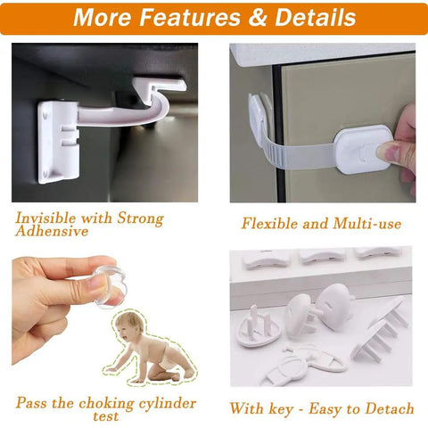 All In One Baby Proofing Kit With 60 Pack Home Safety Essentials demonstration of cabinet locks and outlet covers in use