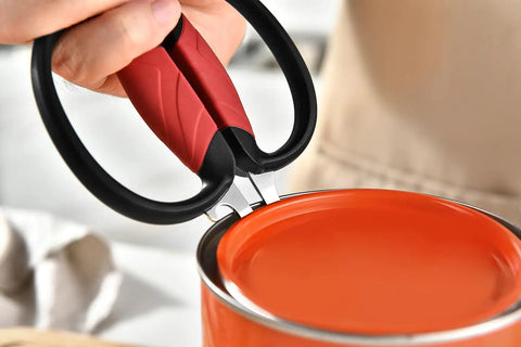 Heavy Duty Come Apart Kitchen Scissors For Chicken Meat And Veggies Easy To Clean Split Kitchen Shears being used to open a can