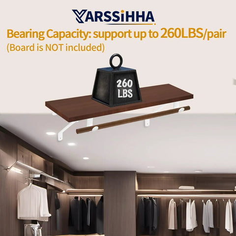 Heavy Duty Adjustable Closet Rod Brackets Two Pack Wall Mounted White design showing 260 lbs support capacity for stable storage.