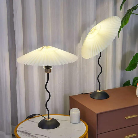 Harp Folding Lamp Set Two Pieces, Modern Umbrella Pleated Desk Lamp With White Shade, Beige PVC, Iron Base on table and dresser