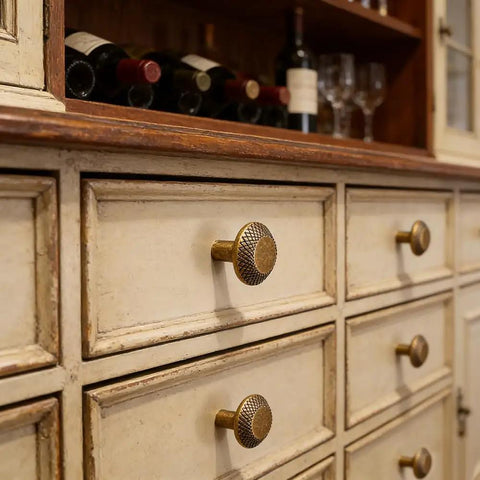 Retro Brass Cabinet Hardware Set With Greek Key Knobs And Hammered Texture, zinc alloy drawer pulls on vintage kitchen cabinet