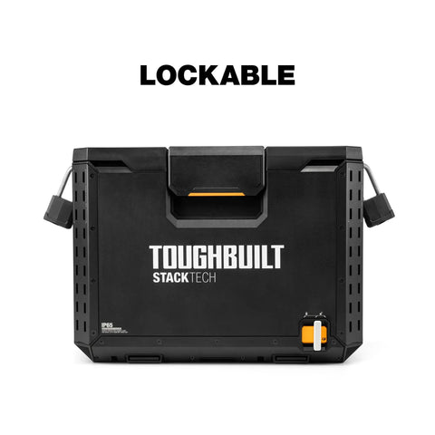 Front view of StackTech XL Tool Box Organizer With Locking System And Removable Tray Heavy Duty Tool Storage For Garage Or Job Site.