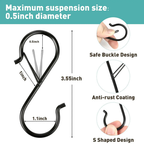 Tough As Nails Heavy Duty S Hooks With Secure Locking Clips 12 Pack, 3.55 inch black steel S hook with anti-rust coating.