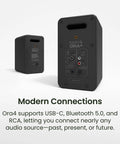 ORA4 Powered Bluetooth Desktop Speakers Pair Matte Black With Rich Stereo Sound rear view showing connection ports.