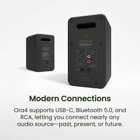 ORA4 Powered Bluetooth Desktop Speakers Pair Matte Black With Rich Stereo Sound rear view showing connection ports.