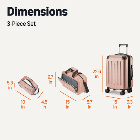 Front view: Amazon Basics rose gold 3-piece luggage set with 22-inch hardside suitcase, 15-inch tote, 10-inch travel bag