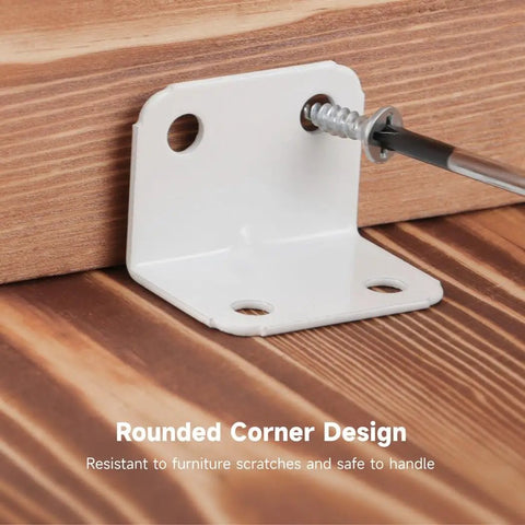 40 Piece L Bracket Set With Screws, cold rolled steel 90 degree right angle brace attached to wooden surface, white finish