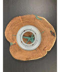 16 Inch Handcrafted Lazy Susan Charcuterie Board With Turquoise Painted Wood Rotating Serving Tray For Cheese And Snacks Modern Dining Table Centerpiece Durable Wooden Turntable For Entertaining, top view showing turquoise inlay details and rotating base.