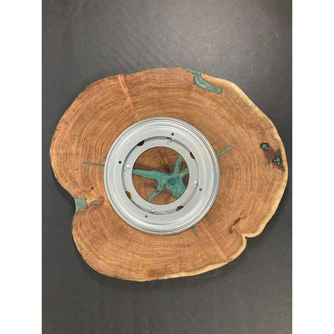 16 Inch Handcrafted Lazy Susan Charcuterie Board With Turquoise Painted Wood Rotating Serving Tray For Cheese And Snacks Modern Dining Table Centerpiece Durable Wooden Turntable For Entertaining, top view showing turquoise inlay details and rotating base.