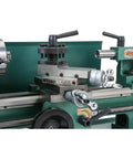 Close-up of 7X12 Inch Mini Metal Lathe Benchtop Precision Machining Tool With Variable Speed Drive and 16 TPI lead screw.