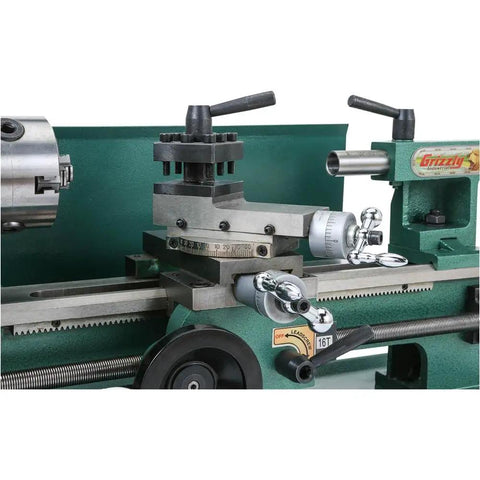 Close-up of 7X12 Inch Mini Metal Lathe Benchtop Precision Machining Tool With Variable Speed Drive and 16 TPI lead screw.