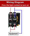 Wiring diagram for Two Pack Dual Color Red Green LED Push Button Switch 110 To 220 Volt Waterproof IP65 22mm Panel Mount showing NO and 110V connections.