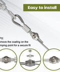 Installation steps for heavy duty 1/8 inch vinyl coated stainless steel wire rope kit with crimping loops and clamps.