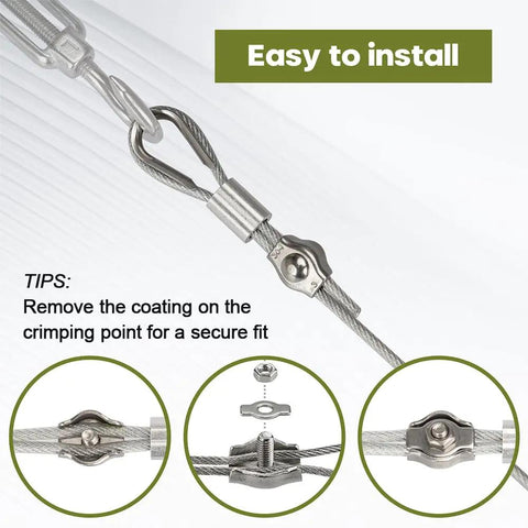 Installation steps for heavy duty 1/8 inch vinyl coated stainless steel wire rope kit with crimping loops and clamps.