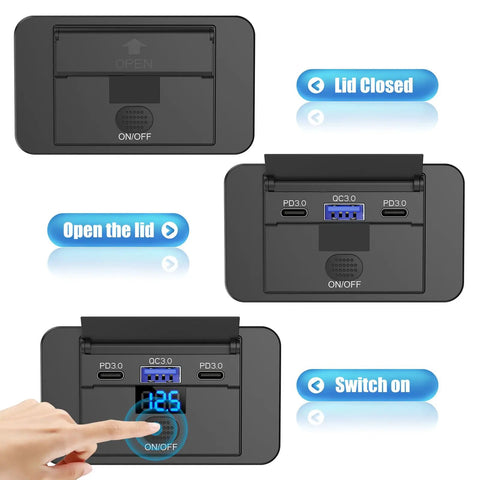 Two Pack 12V USB Outlet Panel With Real Time Voltmeter And Dual USB C Fast Charging Cigarette Lighter Socket Replacement Button Switch.