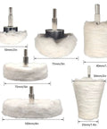 Six-piece Tworider buffing wheel set with drill shanks; white plush polishing wheels in sizes for metal, jewelry, wood