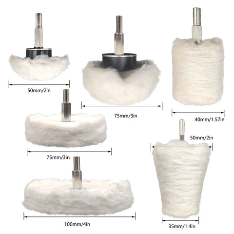 Six-piece Tworider buffing wheel set with drill shanks; white plush polishing wheels in sizes for metal, jewelry, wood