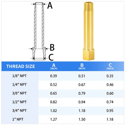 Brass Pipe Fitting Long Nipple One Eighth NPT Male to One Eighth NPT Female Four Inch Length with thread size measurements.