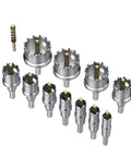 Heavy Duty Tungsten Carbide Hole Saw Drill Bit Set, 10 Pcs with titanium coated serrated cutters, and center drill.