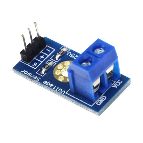 Slick Five Pack Voltage Detection Module For Arduino Projects, detailed view, blue PCB, connectors, measures 0-25V DC.