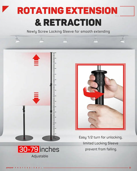 Round Base Light Stand Monopod for Cameras and Lighting, 79 Inch Tall, demonstrating rotating extension and retraction