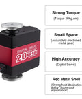 Beefy 20Kg Torque RC Servo Motor With 25T Horn, features strong torque and red aluminum case, ideal for RC cars and robots.